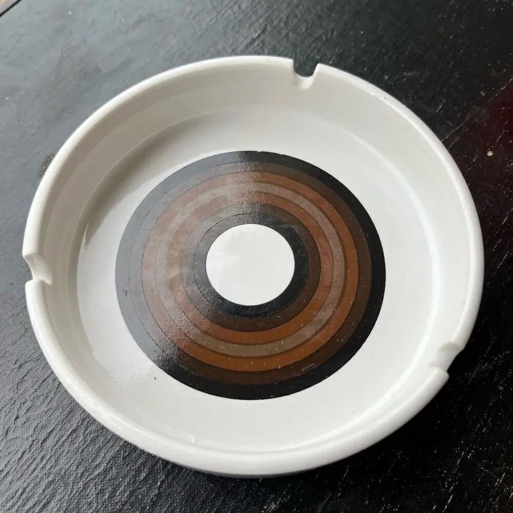 Vintage 70s Ceramic Ashtray 5" Brown Concentric Circle Mod Design